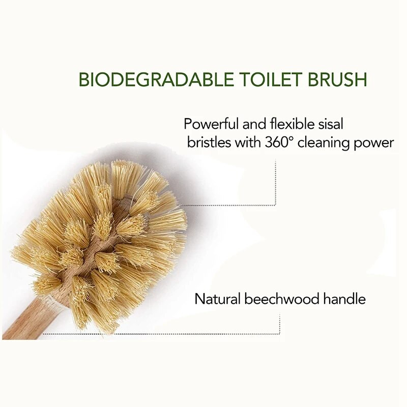 Tualeto šepetys, 2 pakelių medinis tualeto šepetys, pagamintas iš buko medienos, stiprūs kanapių šereliai su 360° valymo galia