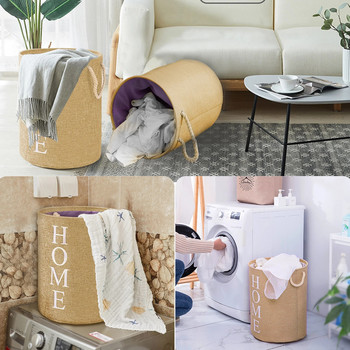 Сгъваема ленена кошница за пране с алуминиева пръстеновидна дръжка, преносима кофа за пране Кофа за съхранение на дрехи за баня