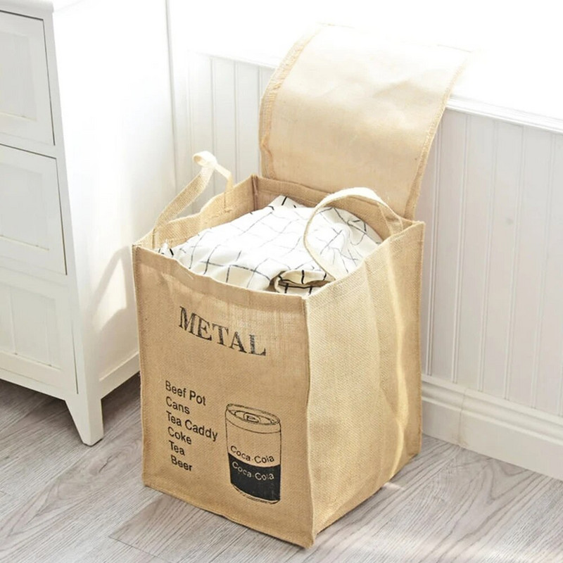 Naujas natūralaus džiuto skalbinių krepšelis nešvarių drabužių krepšelis buitinis laikymo krepšys su velcro sulankstomu tvarkyklės konteineriu