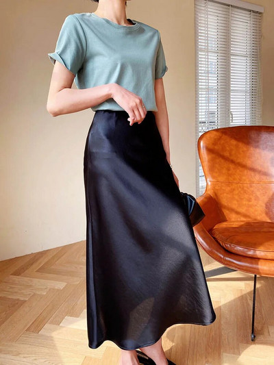 Elegantne ženske suknje Korejska modna satenska svilena suknja A kroja Uredske crne duge ljetne suknje u boji šampanjca Ženska moda 2023.