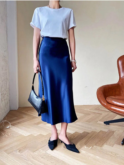 Elegantne ženske suknje Korejska modna satenska svilena suknja A kroja Uredske crne duge ljetne suknje u boji šampanjca Ženska moda 2023.