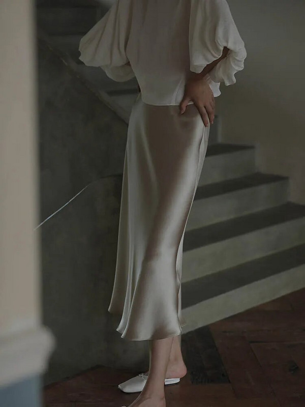 Elegantne ženske suknje Korejska modna satenska svilena suknja A kroja Uredske crne duge ljetne suknje u boji šampanjca Ženska moda 2023.