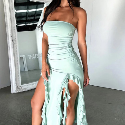 Elegantna ženska midi haljina s volanima s otvorenim ramenima Seksi uska haljina bez naramenica s otvorenim ramenima Ženska blagdanska haljina za plažu Vestido