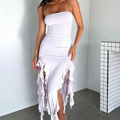 Elegantna ženska midi haljina s volanima s otvorenim ramenima Seksi uska haljina bez naramenica s otvorenim ramenima Ženska blagdanska haljina za plažu Vestido