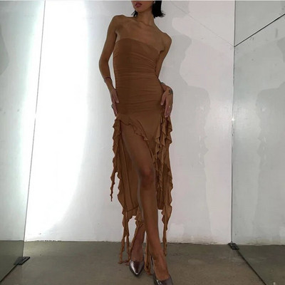 Elegantna ženska midi haljina s volanima s otvorenim ramenima Seksi uska haljina bez naramenica s otvorenim ramenima Ženska blagdanska haljina za plažu Vestido