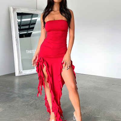Elegantna ženska midi haljina s volanima s otvorenim ramenima Seksi uska haljina bez naramenica s otvorenim ramenima Ženska blagdanska haljina za plažu Vestido