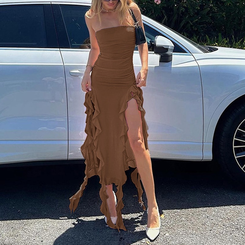 Elegantna ženska midi haljina s volanima s otvorenim ramenima Seksi uska haljina bez naramenica s otvorenim ramenima Ženska blagdanska haljina za plažu Vestido