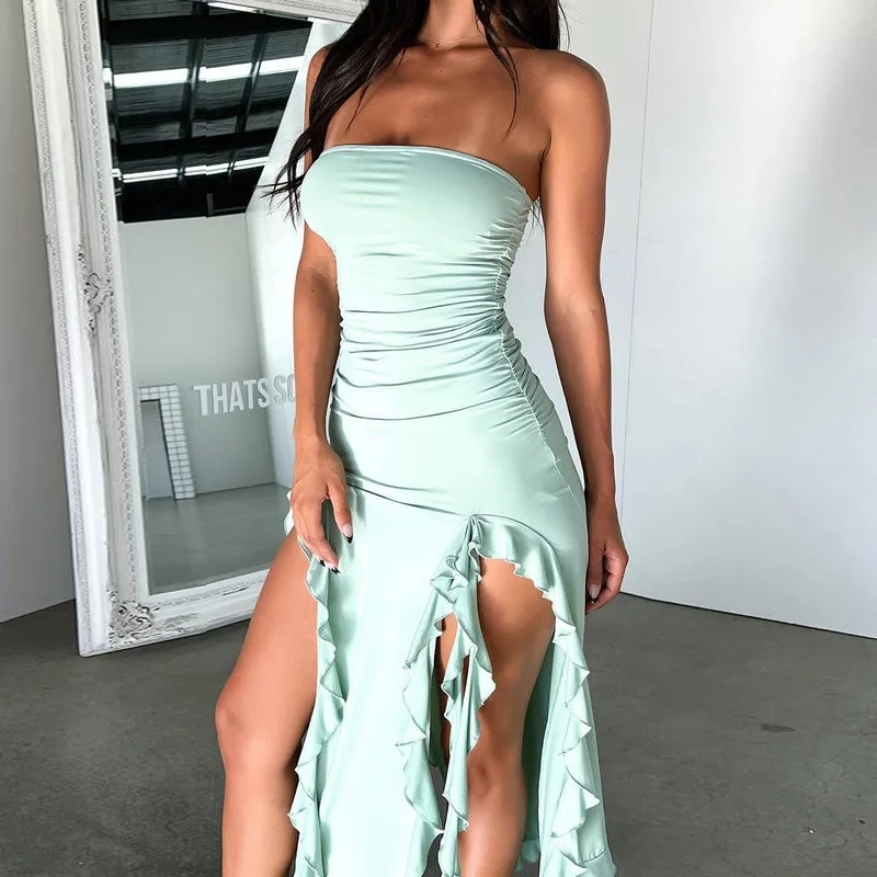 Elegantna ženska midi haljina s volanima s otvorenim ramenima Seksi uska haljina bez naramenica s otvorenim ramenima Ženska blagdanska haljina za plažu Vestido