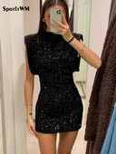 Silm Shoulder Pads Μίνι φόρεμα με παγιέτες για γυναίκα Κομψό γυναικείο αμάνικο μαύρο φορέματα με στρογγυλή λαιμόκοψη Φόρεμα χορού για χειμερινές διακοπές