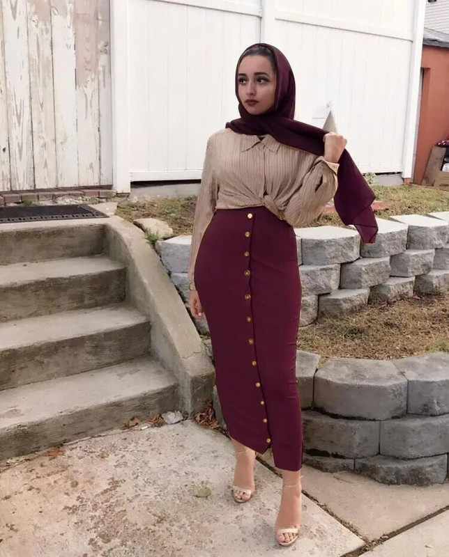 Zima Jesen Ženske suknje visokog struka Muslimanske dugmad Bodycon Sheet Duga maksi polu haljina Ženska seksi pencil suknja Jednobojna ulična odjeća