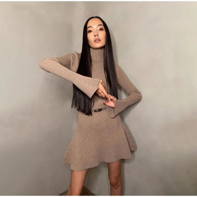 Μασίφ μακρυμάνικο πλεκτό μίνι φόρεμα για γυναίκες 2023 Κομψό ζιβάγκο Α γραμμή Φορέματα πουλόβερ Φθινοπωρινά Γυναικεία High Street Vestidos