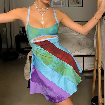 Дамска секси изрязана цветна Y2K мини рокля със спагети презрамка Bodycon Sundress Vintage E-Girl Summer Party Club Dress A-line Dress