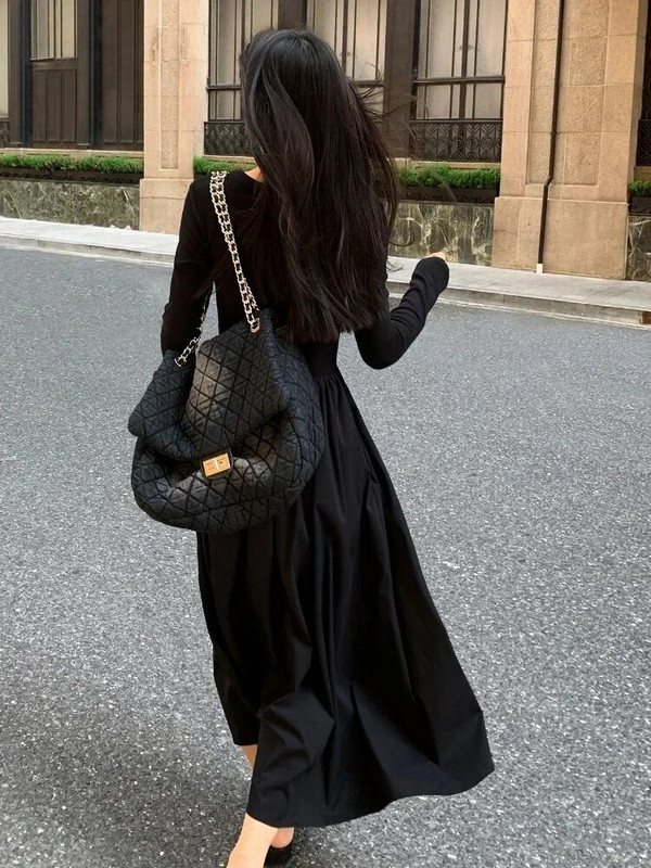 Vintage Knitting Maxi Esküvői Ruhák Női Ruházat Nyakú Irodai Lady Alkalmi Zsebek Bodycon Midi ruha Téli 2023 Fekete