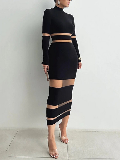 Mozision Patchwork Bodycon szexi midi ruha nőknek 2023 őszi tél új garbó hosszú ujjú klubbuli szexi ruha elegáns