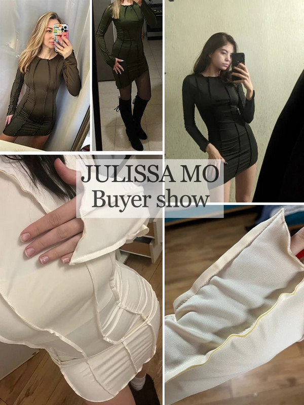 JULISSA MO Sexy Solid Patchwork O Nyakú Mini Ruha Női Őszi Bodycon Hosszú ujjú Slim Fit Elegáns Party Club Vestido
