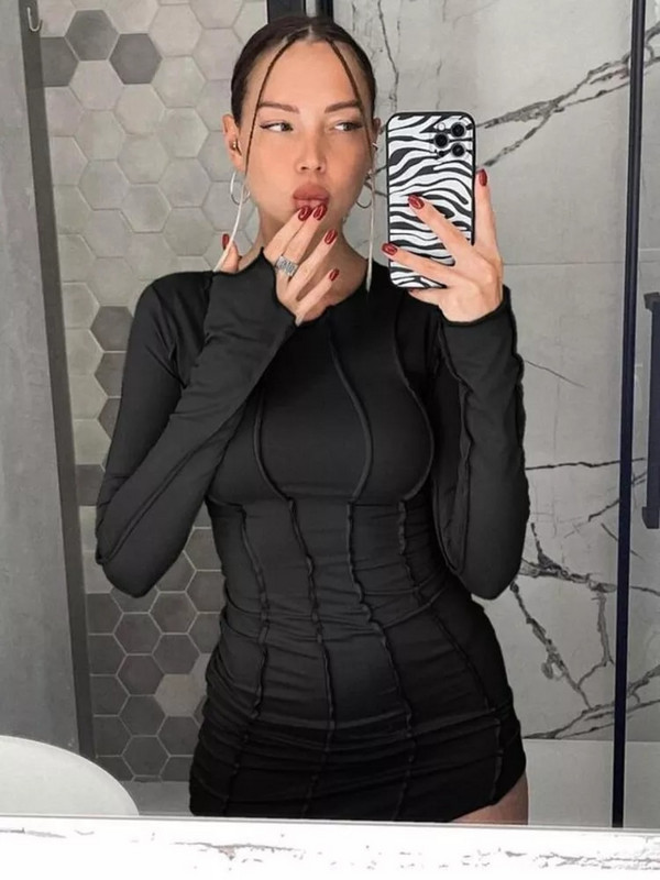 JULISSA MO Sexy Solid Patchwork O Nyakú Mini Ruha Női Őszi Bodycon Hosszú ujjú Slim Fit Elegáns Party Club Vestido