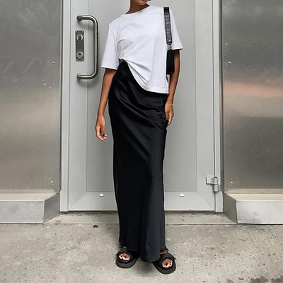 Fusta lungă neagră din satin la modă pentru femei Y2K primăvară cu talie înaltă pachet fuste pentru femei 2023 fustă lejeră nouă, îmbrăcăminte de stradă