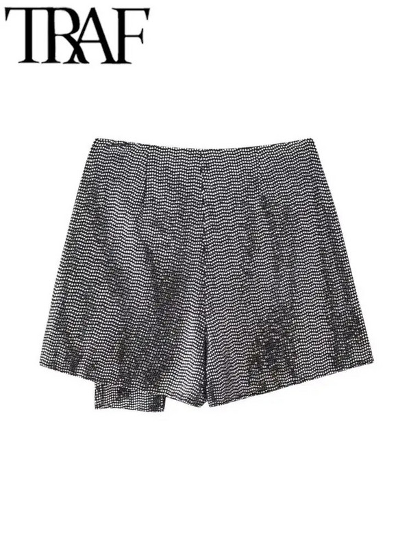 TRAF FANS Y2K svjetlucave šljokice Ženske kratke hlače Suknje Jesen 2024. Asimetrične kratke hlače visokog struka Ženske kratke hlače Club