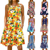 S-5Xl Rochie lungă cu imprimeu colorat cu decolteu O, casual, boemă, fără mâneci, pentru femei, vară, plajă, rochie de soare, cămașă de buzunar de călătorie, rochii de petrecere