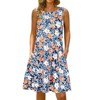 S-5Xl Rochie lungă cu imprimeu colorat cu decolteu O, casual, boemă, fără mâneci, pentru femei, vară, plajă, rochie de soare, cămașă de buzunar de călătorie, rochii de petrecere
