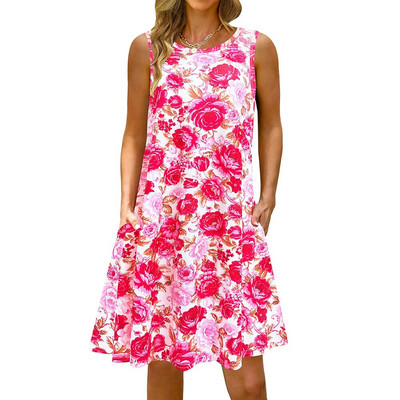 S-5Xl Rochie lungă cu imprimeu colorat cu decolteu O, casual, boemă, fără mâneci, pentru femei, vară, plajă, rochie de soare, cămașă de buzunar de călătorie, rochii de petrecere