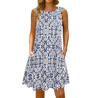S-5Xl Rochie lungă cu imprimeu colorat cu decolteu O, casual, boemă, fără mâneci, pentru femei, vară, plajă, rochie de soare, cămașă de buzunar de călătorie, rochii de petrecere
