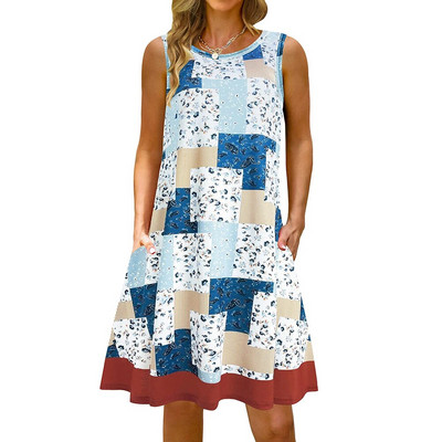 S-5Xl Rochie lungă cu imprimeu colorat cu decolteu O, casual, boemă, fără mâneci, pentru femei, vară, plajă, rochie de soare, cămașă de buzunar de călătorie, rochii de petrecere