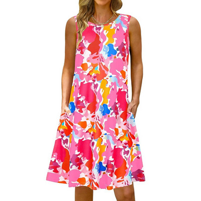 S-5Xl Rochie lungă cu imprimeu colorat cu decolteu O, casual, boemă, fără mâneci, pentru femei, vară, plajă, rochie de soare, cămașă de buzunar de călătorie, rochii de petrecere