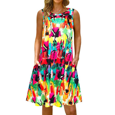 S-5Xl Rochie lungă cu imprimeu colorat cu decolteu O, casual, boemă, fără mâneci, pentru femei, vară, plajă, rochie de soare, cămașă de buzunar de călătorie, rochii de petrecere