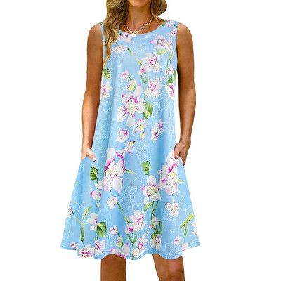 S-5Xl Rochie lungă cu imprimeu colorat cu decolteu O, casual, boemă, fără mâneci, pentru femei, vară, plajă, rochie de soare, cămașă de buzunar de călătorie, rochii de petrecere