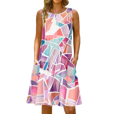 S-5Xl Rochie lungă cu imprimeu colorat cu decolteu O, casual, boemă, fără mâneci, pentru femei, vară, plajă, rochie de soare, cămașă de buzunar de călătorie, rochii de petrecere