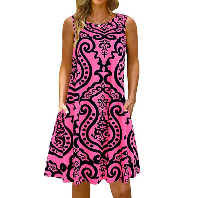 S-5Xl Rochie lungă cu imprimeu colorat cu decolteu O, casual, boemă, fără mâneci, pentru femei, vară, plajă, rochie de soare, cămașă de buzunar de călătorie, rochii de petrecere