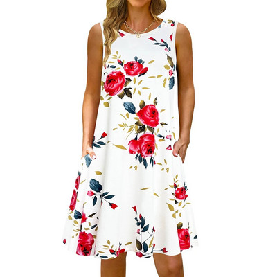 S-5Xl Rochie lungă cu imprimeu colorat cu decolteu O, casual, boemă, fără mâneci, pentru femei, vară, plajă, rochie de soare, cămașă de buzunar de călătorie, rochii de petrecere
