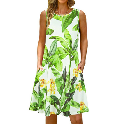 S-5Xl Rochie lungă cu imprimeu colorat cu decolteu O, casual, boemă, fără mâneci, pentru femei, vară, plajă, rochie de soare, cămașă de buzunar de călătorie, rochii de petrecere