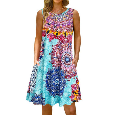 S-5Xl Rochie lungă cu imprimeu colorat cu decolteu O, casual, boemă, fără mâneci, pentru femei, vară, plajă, rochie de soare, cămașă de buzunar de călătorie, rochii de petrecere