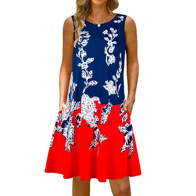 S-5Xl Rochie lungă cu imprimeu colorat cu decolteu O, casual, boemă, fără mâneci, pentru femei, vară, plajă, rochie de soare, cămașă de buzunar de călătorie, rochii de petrecere