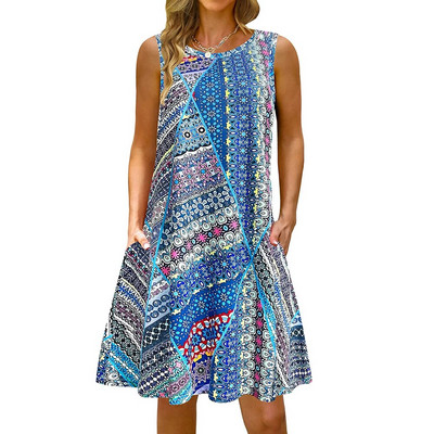 S-5Xl Rochie lungă cu imprimeu colorat cu decolteu O, casual, boemă, fără mâneci, pentru femei, vară, plajă, rochie de soare, cămașă de buzunar de călătorie, rochii de petrecere