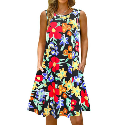 S-5Xl Rochie lungă cu imprimeu colorat cu decolteu O, casual, boemă, fără mâneci, pentru femei, vară, plajă, rochie de soare, cămașă de buzunar de călătorie, rochii de petrecere