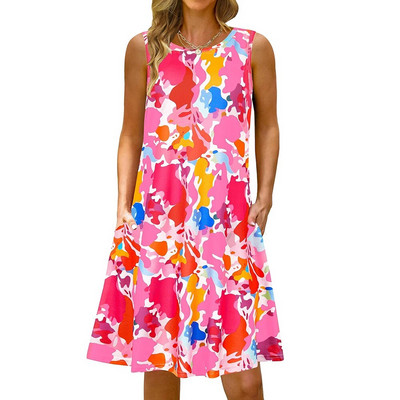S-5Xl Rochie lungă cu imprimeu colorat cu decolteu O, casual, boemă, fără mâneci, pentru femei, vară, plajă, rochie de soare, cămașă de buzunar de călătorie, rochii de petrecere