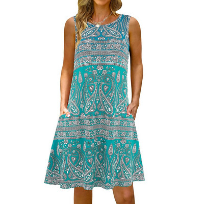 S-5Xl Rochie lungă cu imprimeu colorat cu decolteu O, casual, boemă, fără mâneci, pentru femei, vară, plajă, rochie de soare, cămașă de buzunar de călătorie, rochii de petrecere