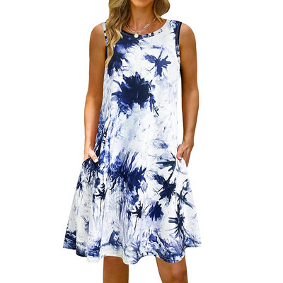 S-5Xl Rochie lungă cu imprimeu colorat cu decolteu O, casual, boemă, fără mâneci, pentru femei, vară, plajă, rochie de soare, cămașă de buzunar de călătorie, rochii de petrecere