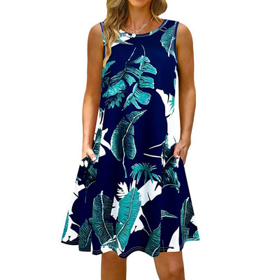 S-5Xl Rochie lungă cu imprimeu colorat cu decolteu O, casual, boemă, fără mâneci, pentru femei, vară, plajă, rochie de soare, cămașă de buzunar de călătorie, rochii de petrecere