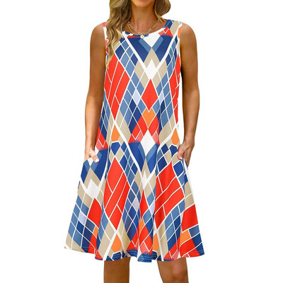 S-5Xl Rochie lungă cu imprimeu colorat cu decolteu O, casual, boemă, fără mâneci, pentru femei, vară, plajă, rochie de soare, cămașă de buzunar de călătorie, rochii de petrecere