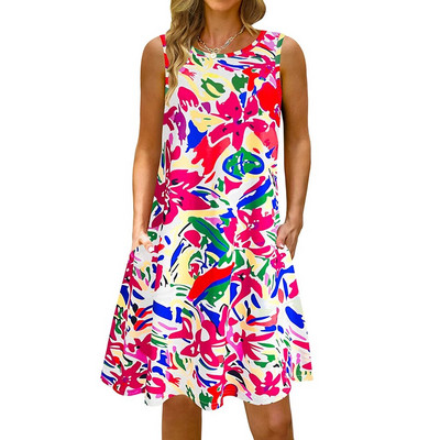 S-5Xl Rochie lungă cu imprimeu colorat cu decolteu O, casual, boemă, fără mâneci, pentru femei, vară, plajă, rochie de soare, cămașă de buzunar de călătorie, rochii de petrecere