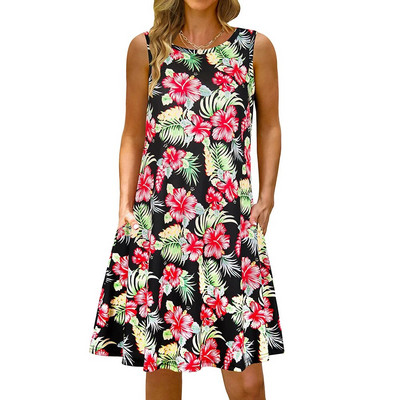 S-5Xl Rochie lungă cu imprimeu colorat cu decolteu O, casual, boemă, fără mâneci, pentru femei, vară, plajă, rochie de soare, cămașă de buzunar de călătorie, rochii de petrecere