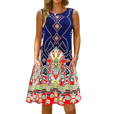 S-5Xl Rochie lungă cu imprimeu colorat cu decolteu O, casual, boemă, fără mâneci, pentru femei, vară, plajă, rochie de soare, cămașă de buzunar de călătorie, rochii de petrecere