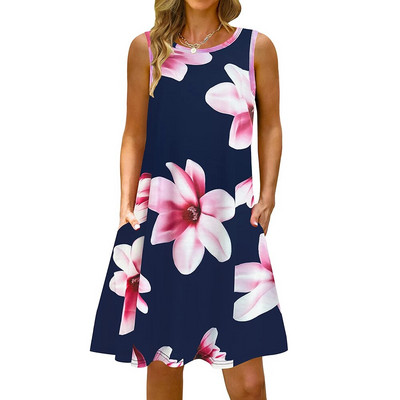 S-5Xl Rochie lungă cu imprimeu colorat cu decolteu O, casual, boemă, fără mâneci, pentru femei, vară, plajă, rochie de soare, cămașă de buzunar de călătorie, rochii de petrecere