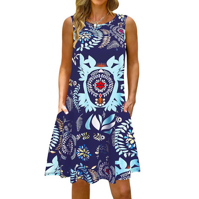 S-5Xl Rochie lungă cu imprimeu colorat cu decolteu O, casual, boemă, fără mâneci, pentru femei, vară, plajă, rochie de soare, cămașă de buzunar de călătorie, rochii de petrecere