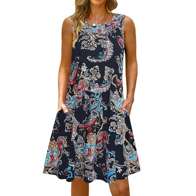 S-5Xl Rochie lungă cu imprimeu colorat cu decolteu O, casual, boemă, fără mâneci, pentru femei, vară, plajă, rochie de soare, cămașă de buzunar de călătorie, rochii de petrecere