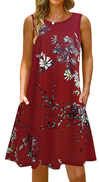 S-5Xl Rochie lungă cu imprimeu colorat cu decolteu O, casual, boemă, fără mâneci, pentru femei, vară, plajă, rochie de soare, cămașă de buzunar de călătorie, rochii de petrecere